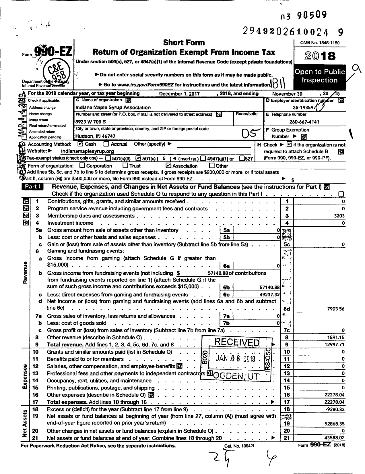 Image of first page of 2017 Form 990EO for Indiana Maple Syrup Association