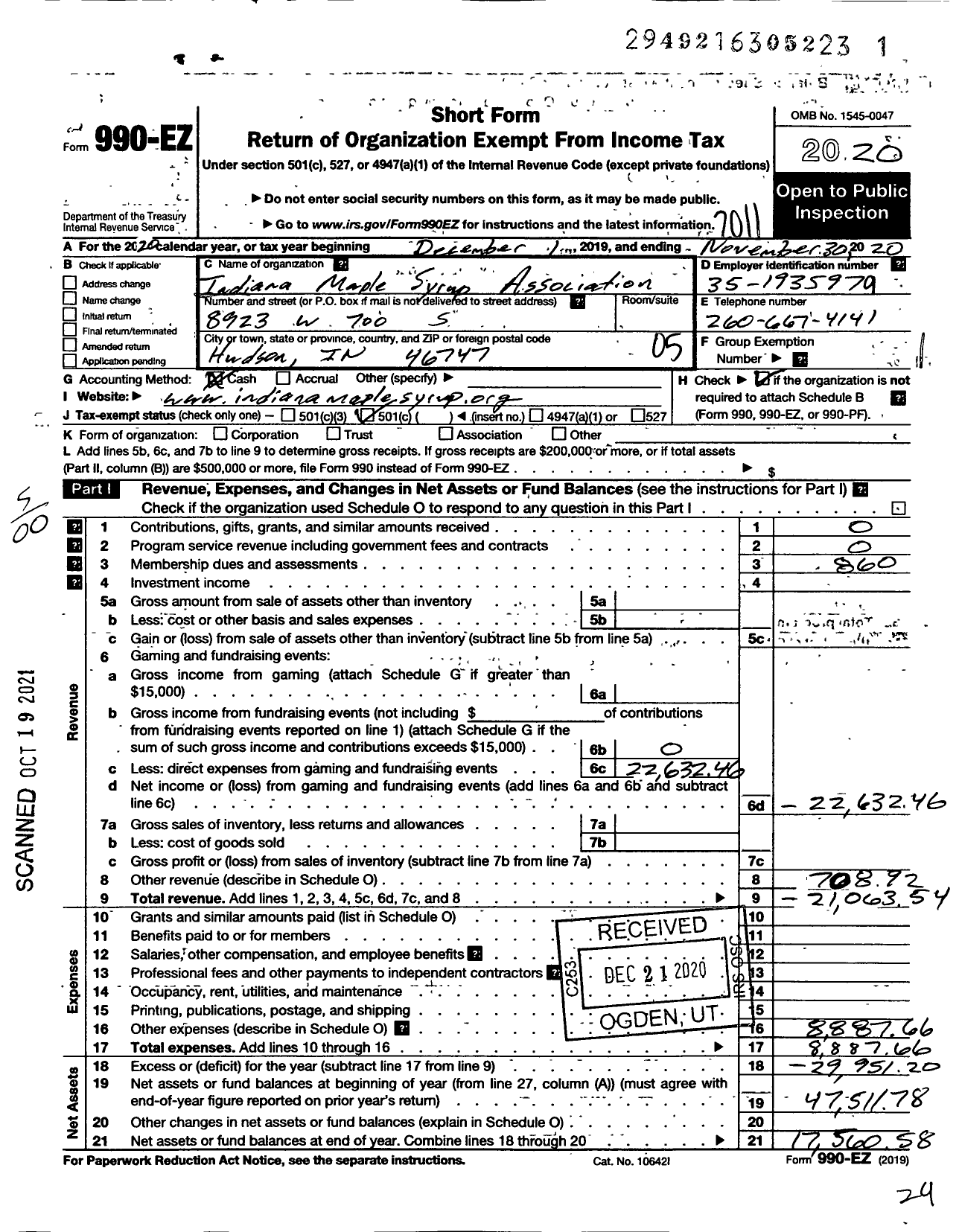 Image of first page of 2019 Form 990EO for Indiana Maple Syrup Association