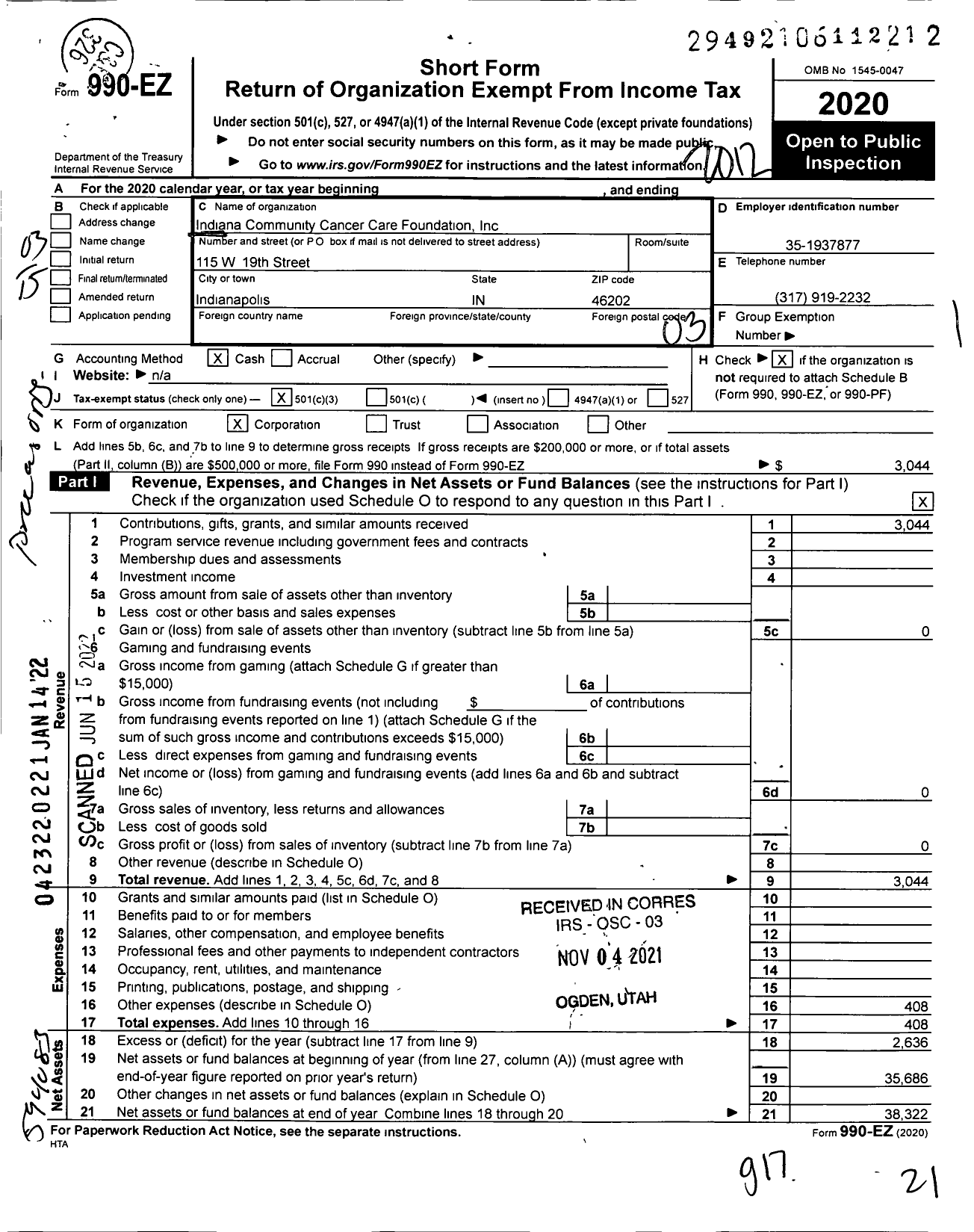 Image of first page of 2020 Form 990EZ for Indiana Community Cancer Care Foundation