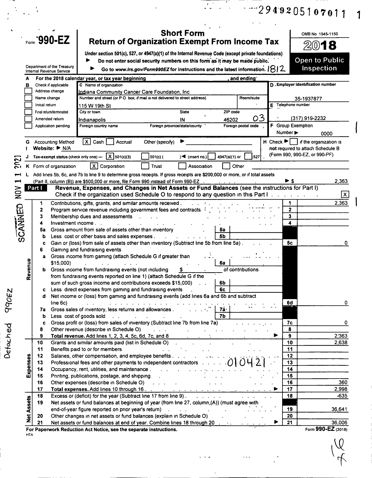 Image of first page of 2018 Form 990EZ for Indiana Community Cancer Care Foundation