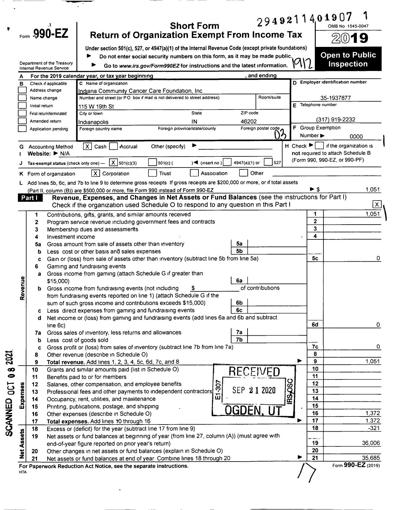 Image of first page of 2019 Form 990EZ for Indiana Community Cancer Care Foundation