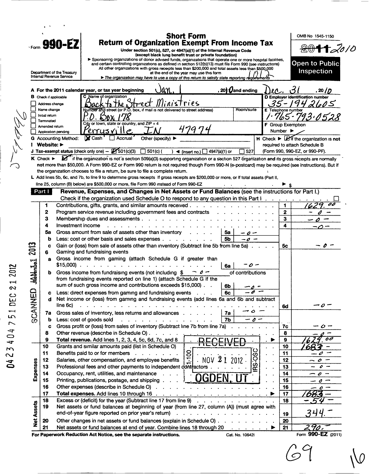 Image of first page of 2010 Form 990EZ for Back To the Street Ministries