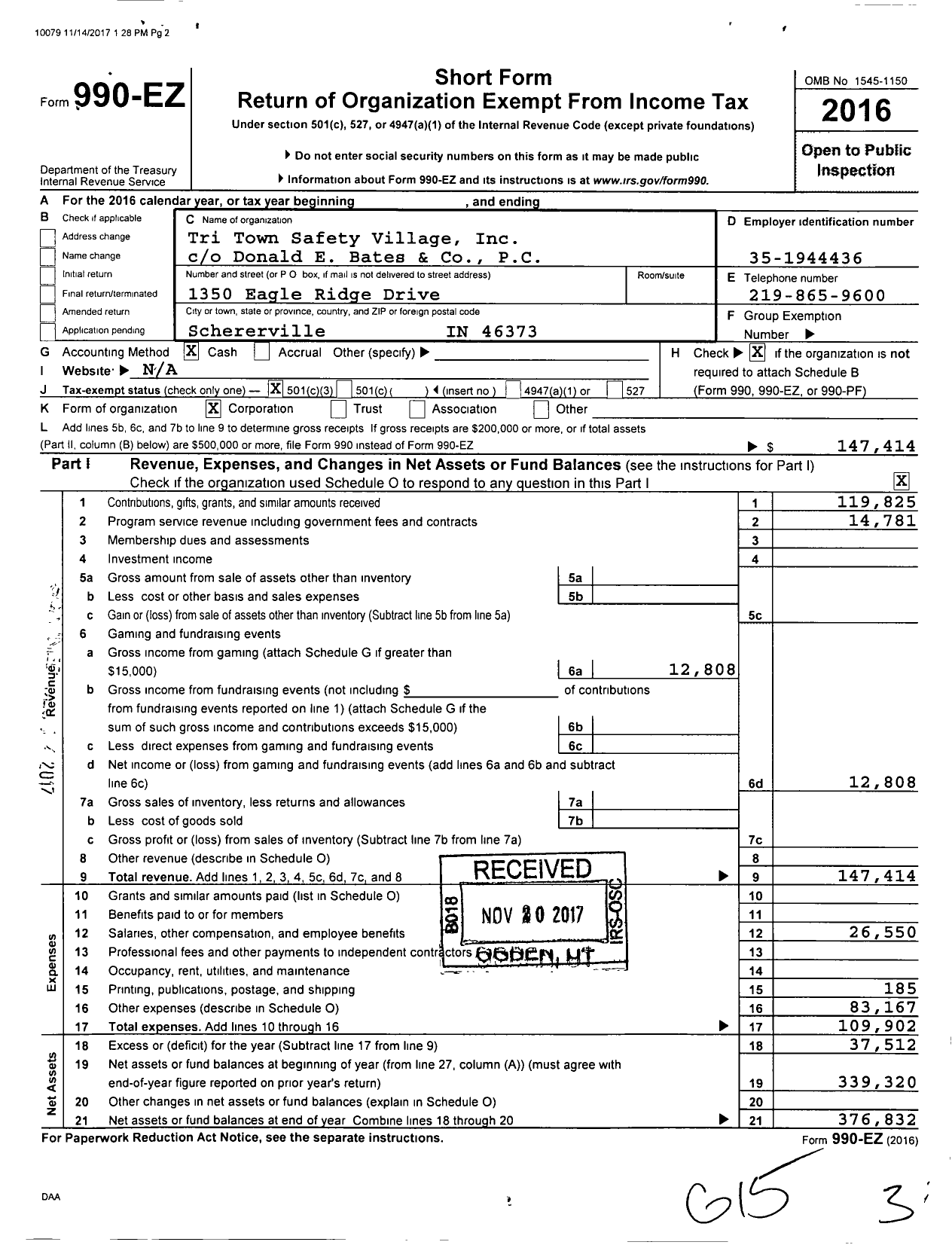 Image of first page of 2016 Form 990EZ for Tri Town Safety Village