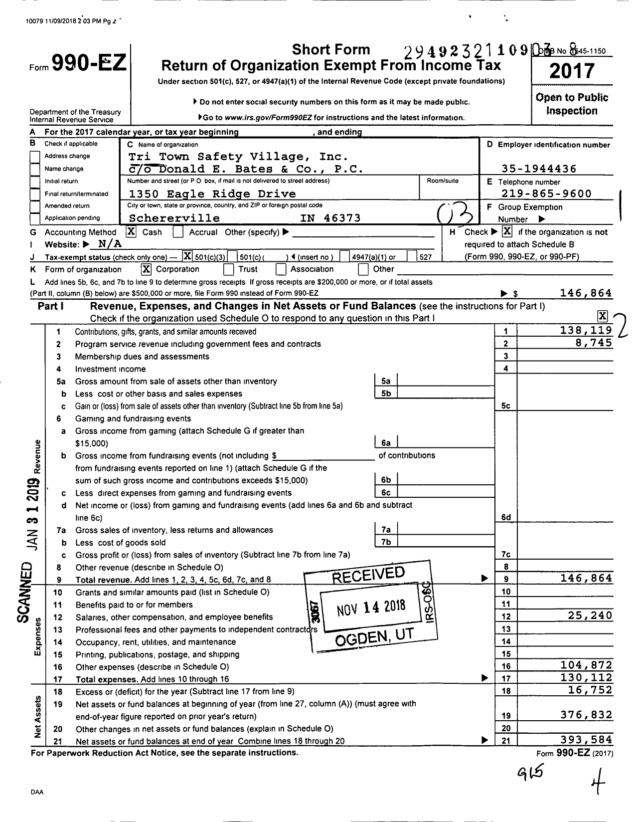 Image of first page of 2017 Form 990EZ for Tri Town Safety Village