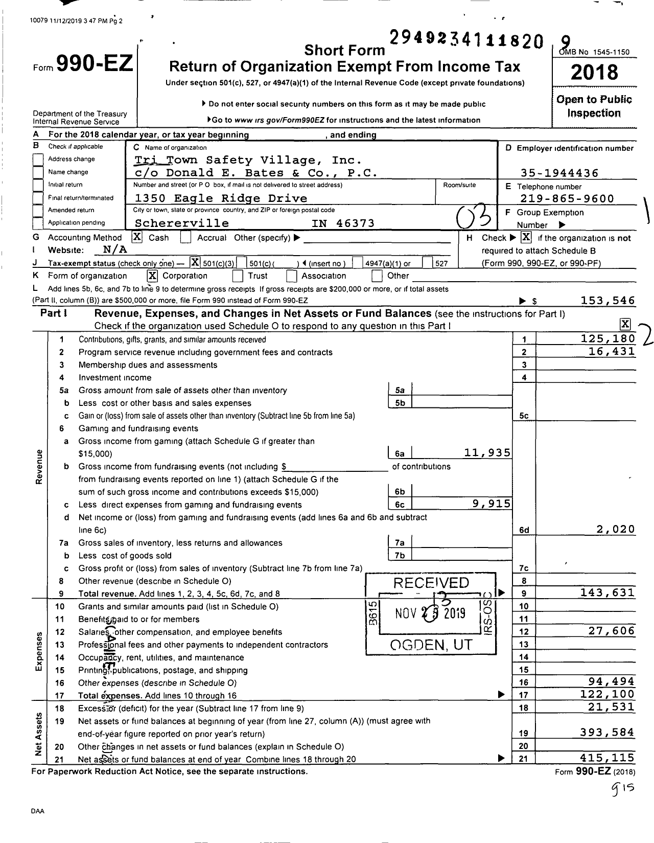 Image of first page of 2018 Form 990EZ for Tri Town Safety Village