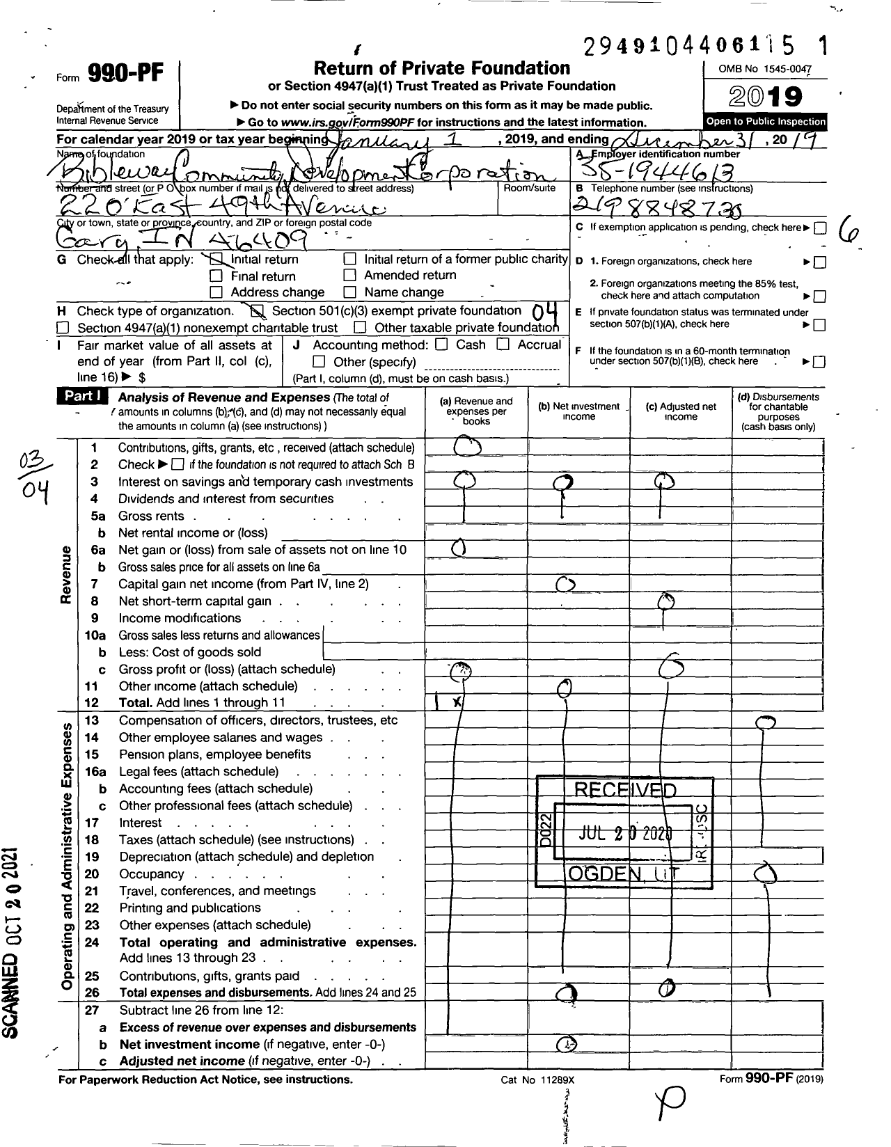 Image of first page of 2019 Form 990PF for Bibleway Community Development Corporation