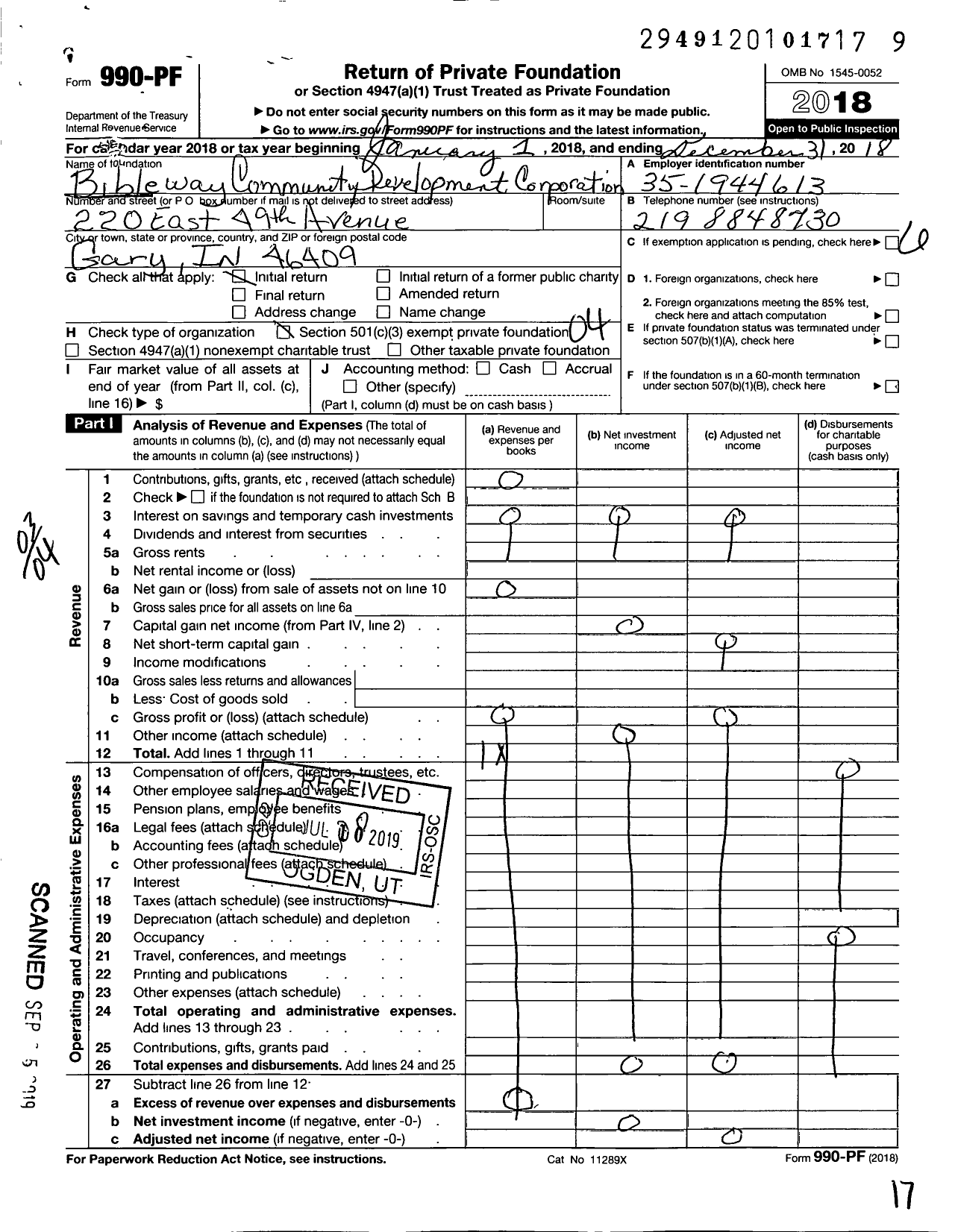 Image of first page of 2018 Form 990PF for Bibleway Community Development Corporation