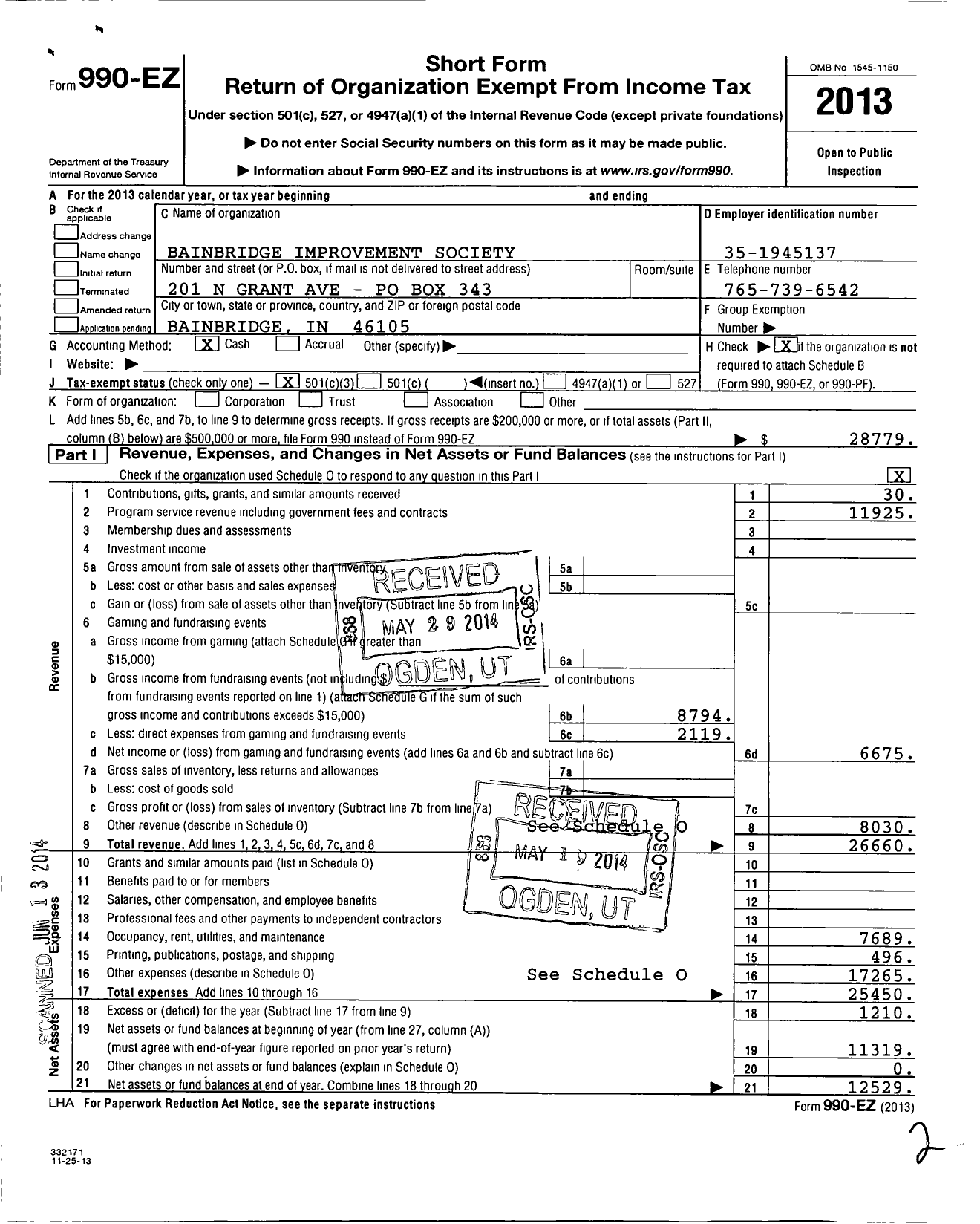 Image of first page of 2013 Form 990EZ for Bainbridge Improvement Society