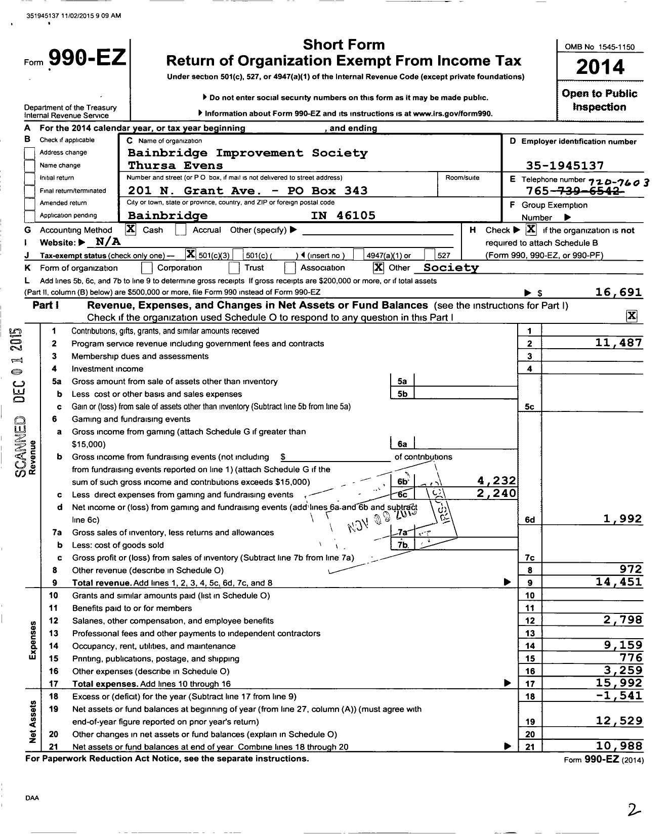 Image of first page of 2014 Form 990EZ for Bainbridge Improvement Society