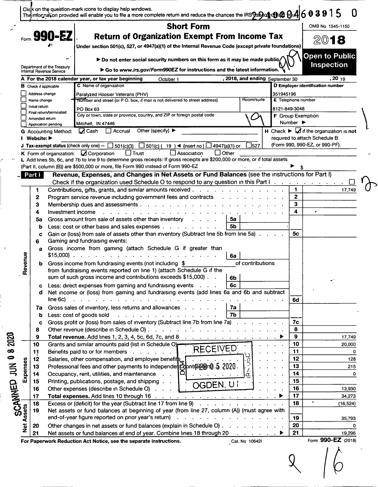 Image of first page of 2018 Form 990EO for Paralyzed Hoosier Veterans