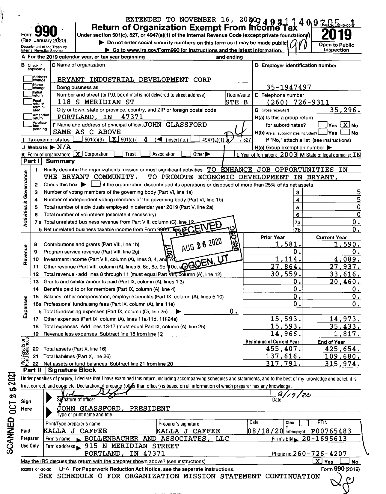 Image of first page of 2019 Form 990O for Bryant Industrial Development Corporation