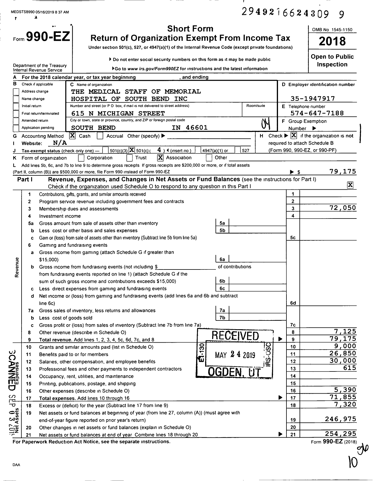 Image of first page of 2018 Form 990EO for The Medical Staff of Memorial Hospital of South Bend