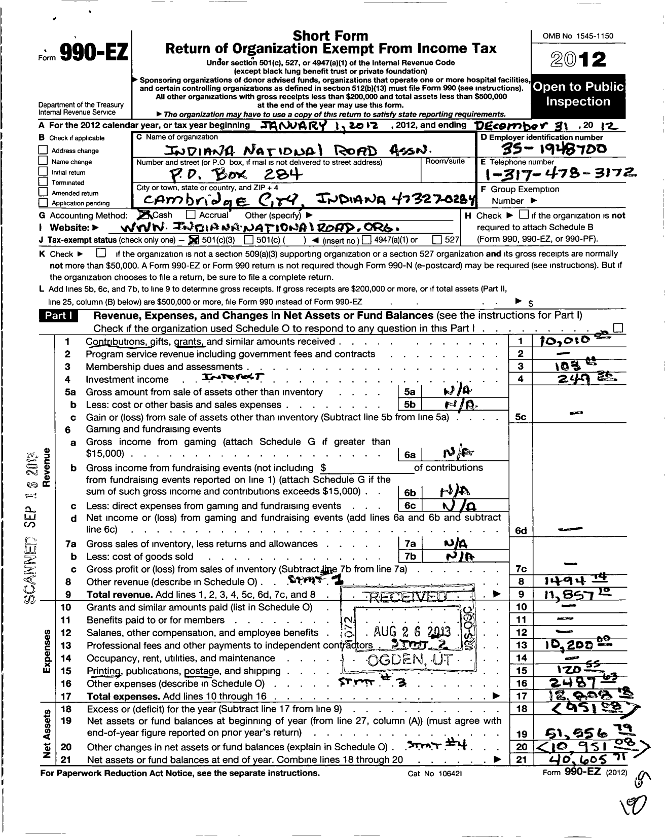 Image of first page of 2012 Form 990EZ for Indiana National Road Association