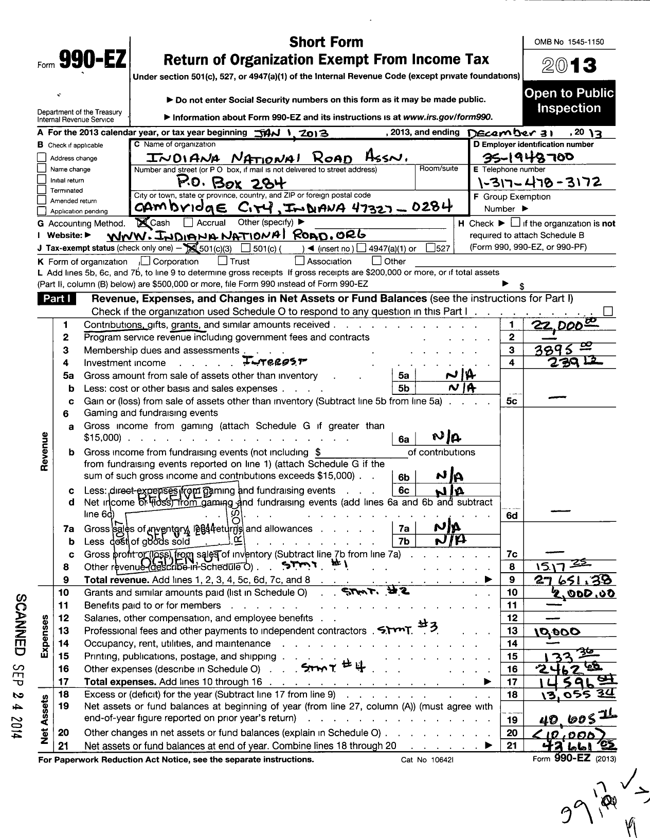 Image of first page of 2013 Form 990EZ for Indiana National Road Association