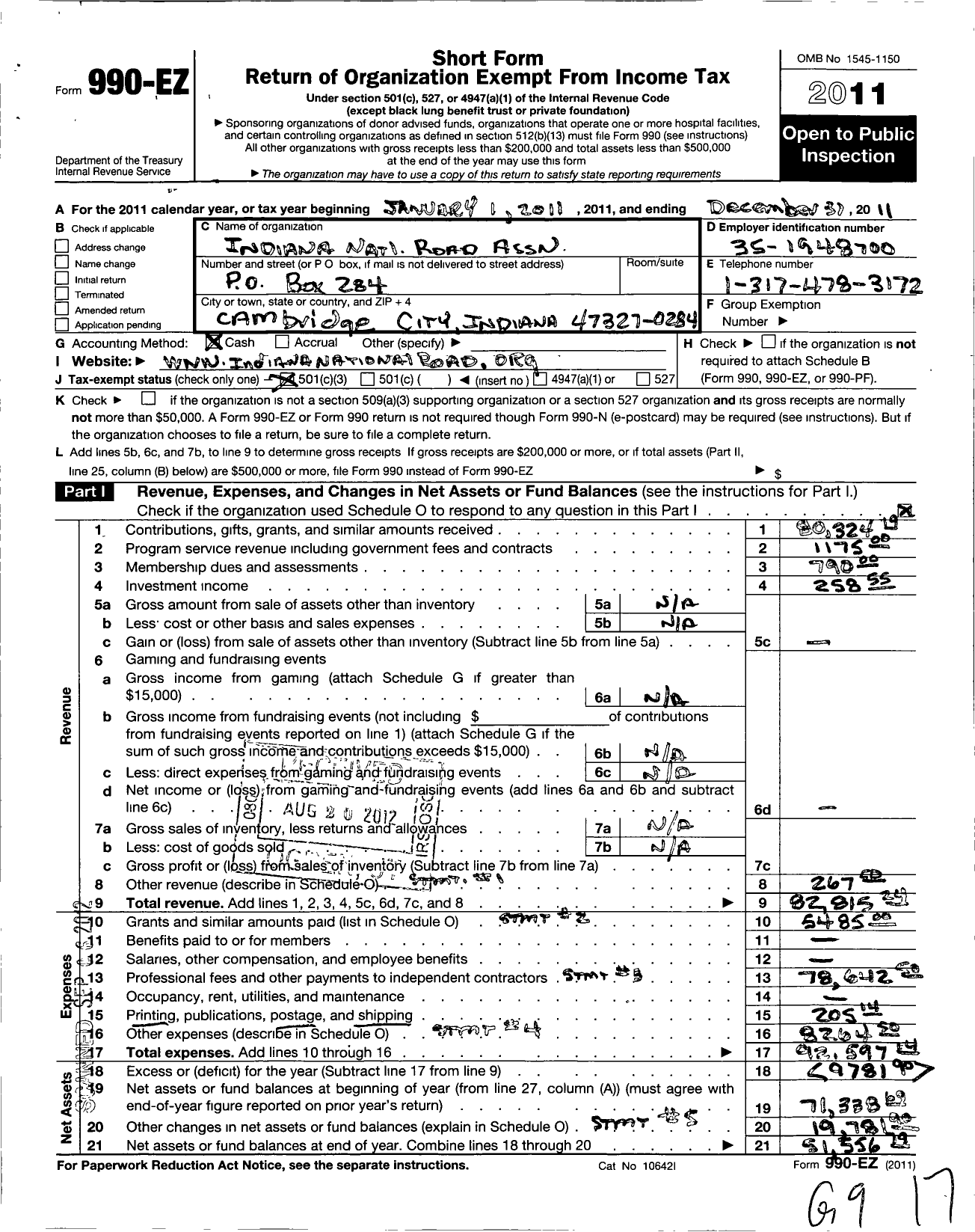 Image of first page of 2011 Form 990EZ for Indiana National Road Association