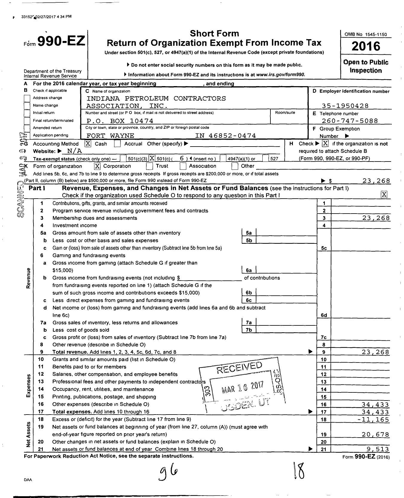 Image of first page of 2016 Form 990EO for Indiana Petroleum Equipment Contractors Association