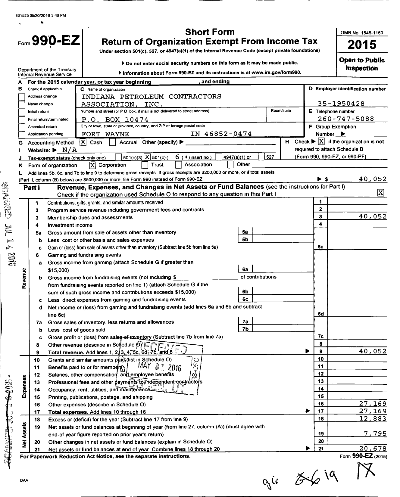 Image of first page of 2015 Form 990EO for Indiana Petroleum Equipment Contractors Association