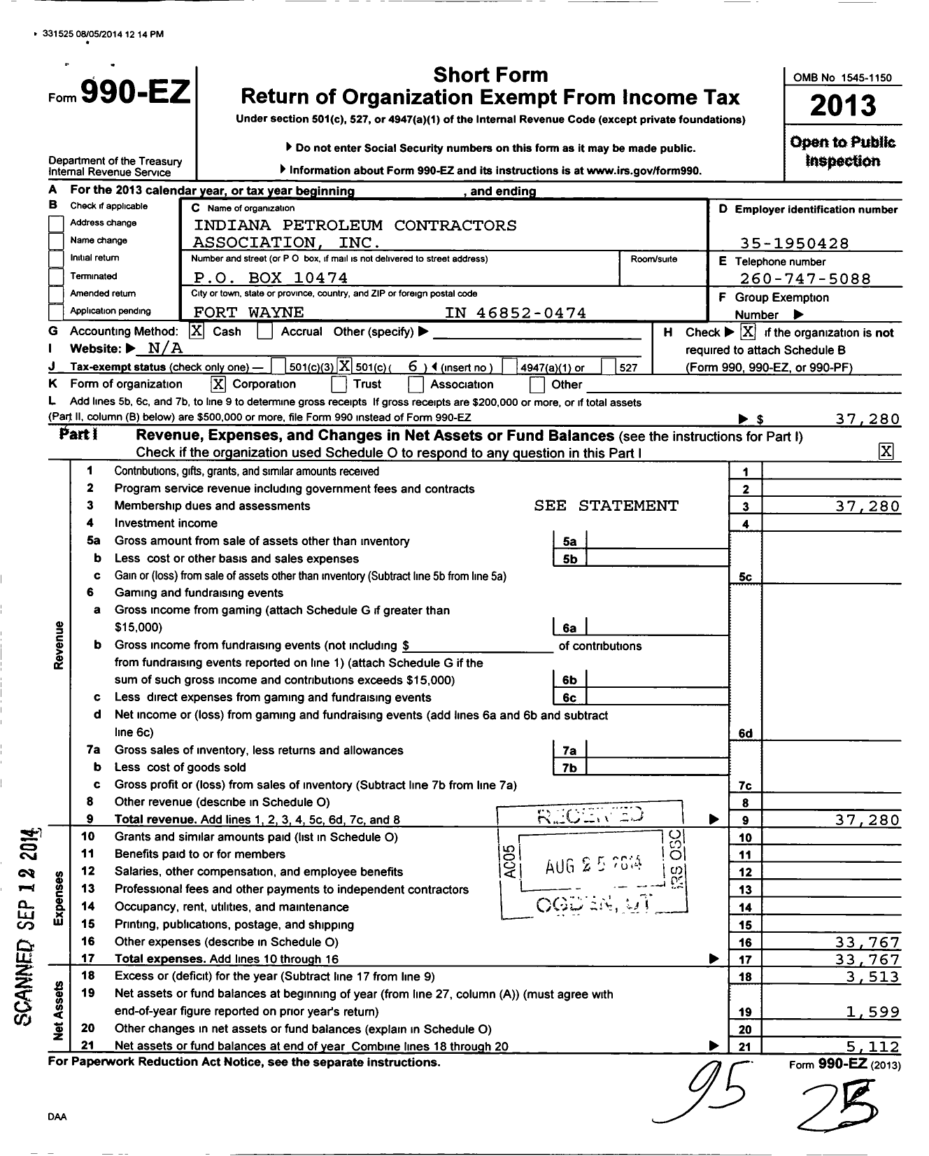 Image of first page of 2013 Form 990EO for Indiana Petroleum Equipment Contractors Association