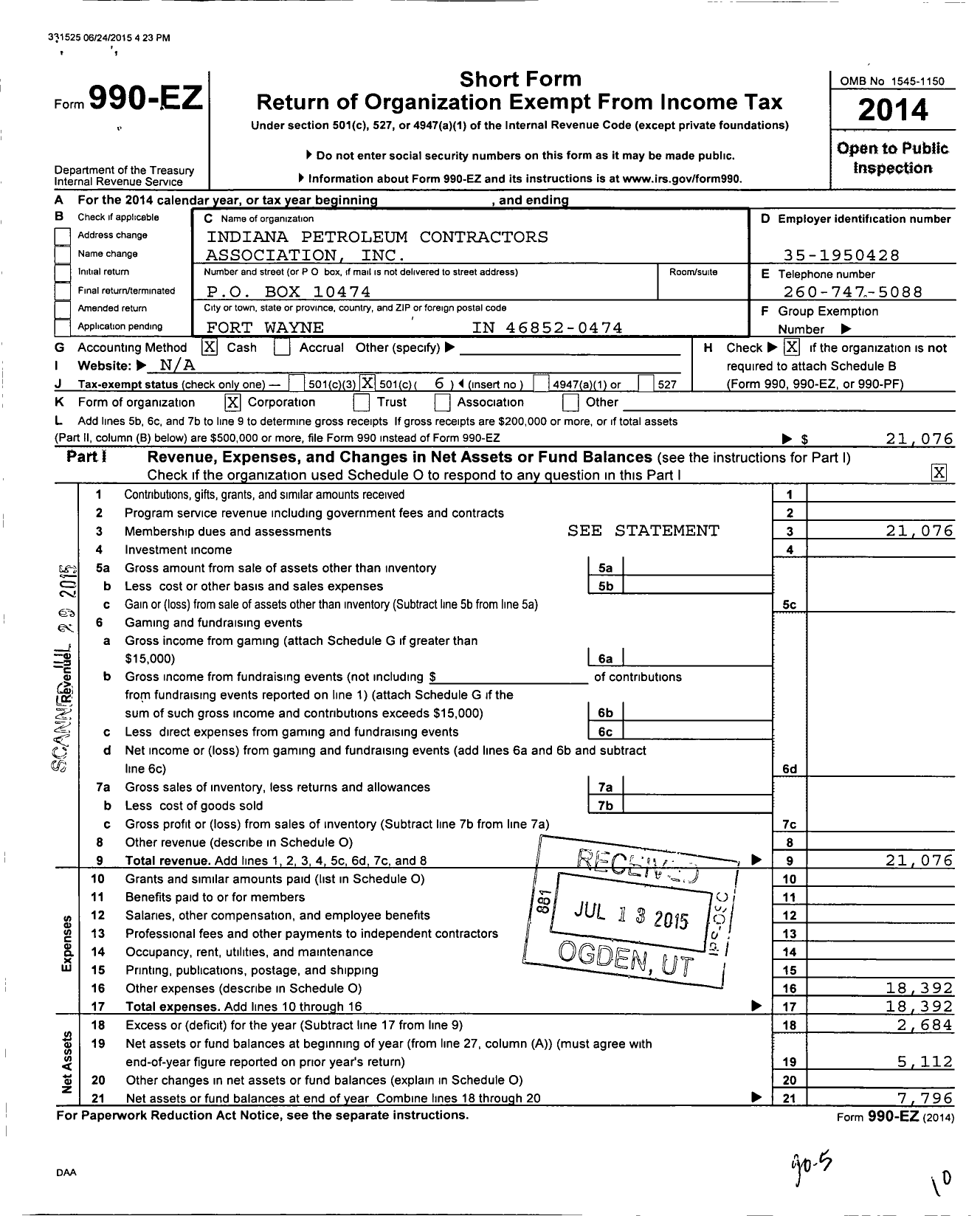 Image of first page of 2014 Form 990EO for Indiana Petroleum Equipment Contractors Association