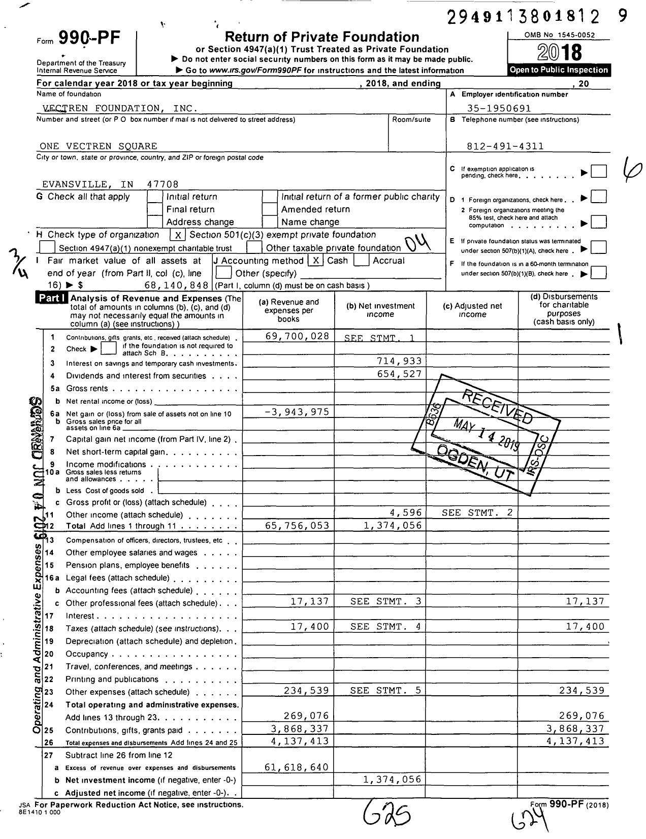 Image of first page of 2018 Form 990PF for Centerpoint Energy Foundation