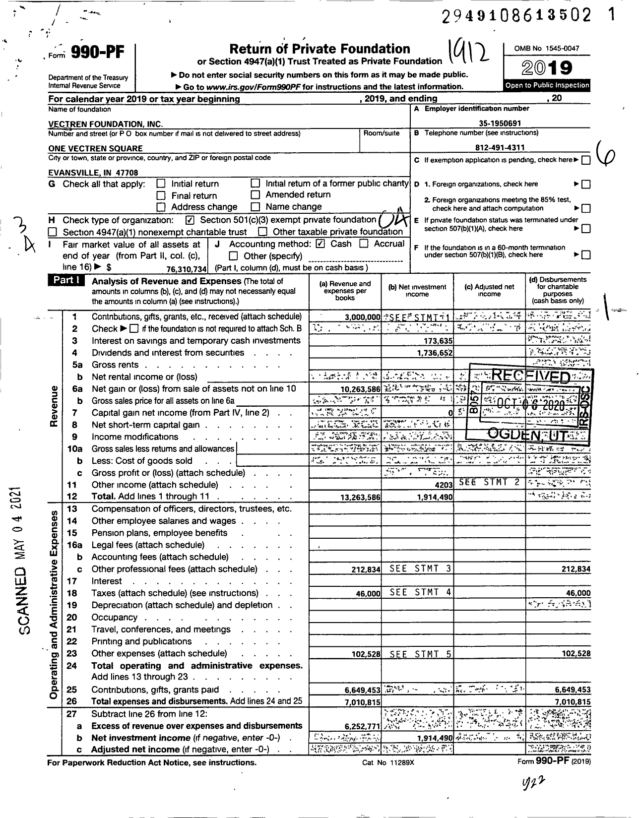 Image of first page of 2019 Form 990PF for Centerpoint Energy Foundation