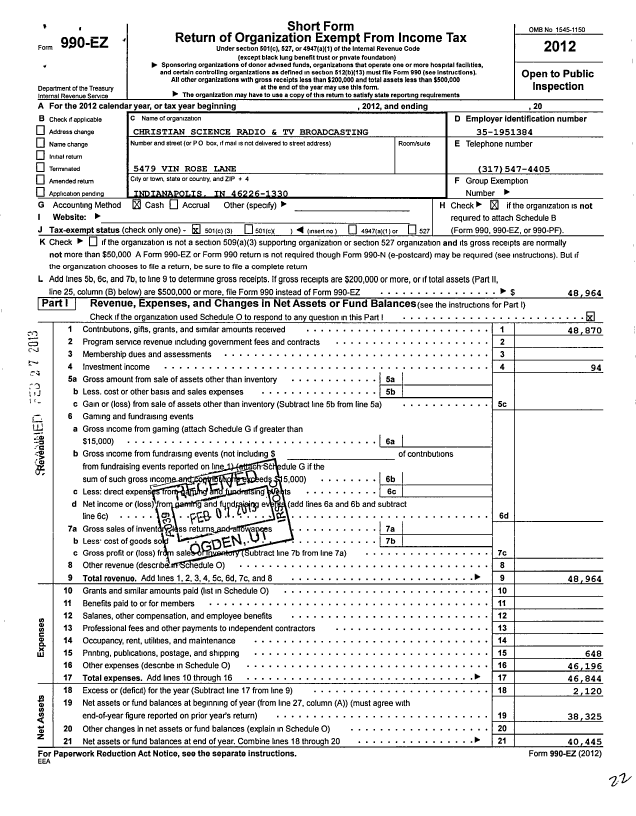 Image of first page of 2012 Form 990EZ for Christian Science Radio and Television Broadcasting