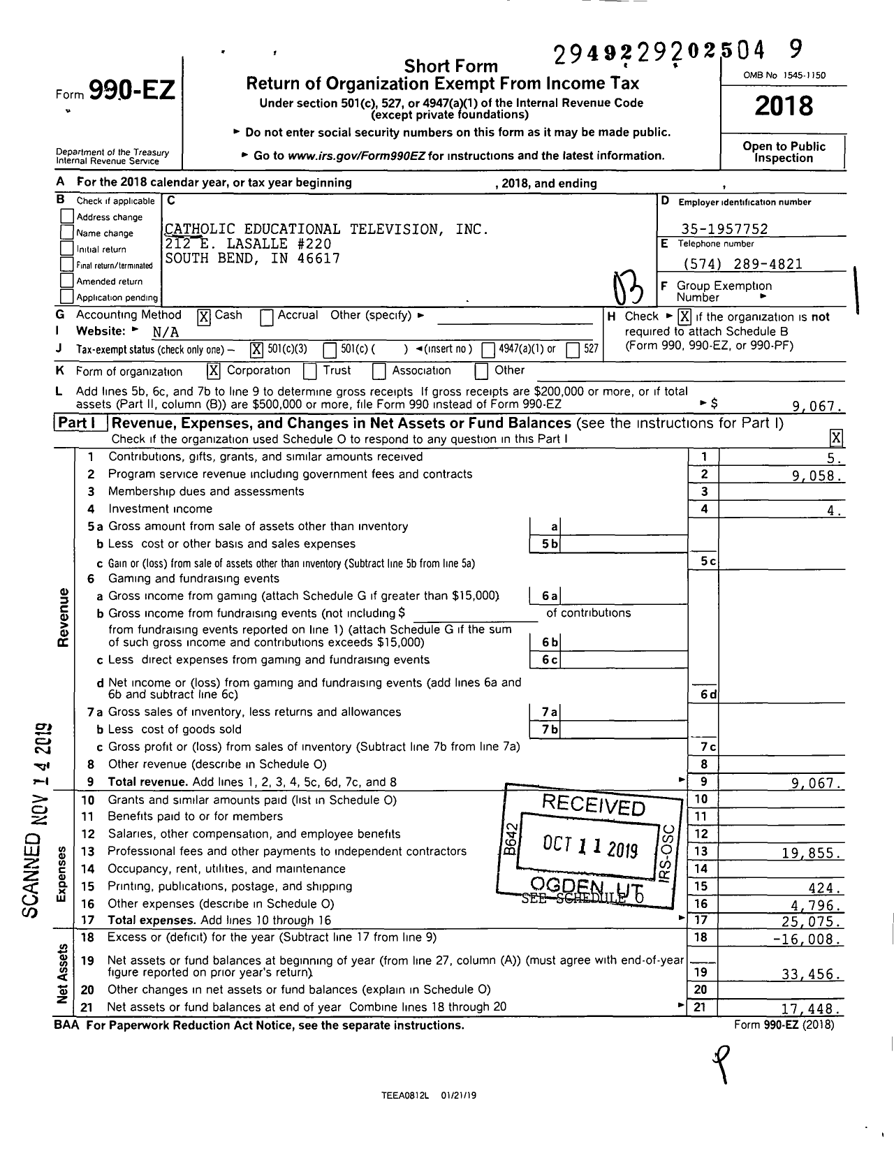 Image of first page of 2018 Form 990EZ for Catholic Educational Television