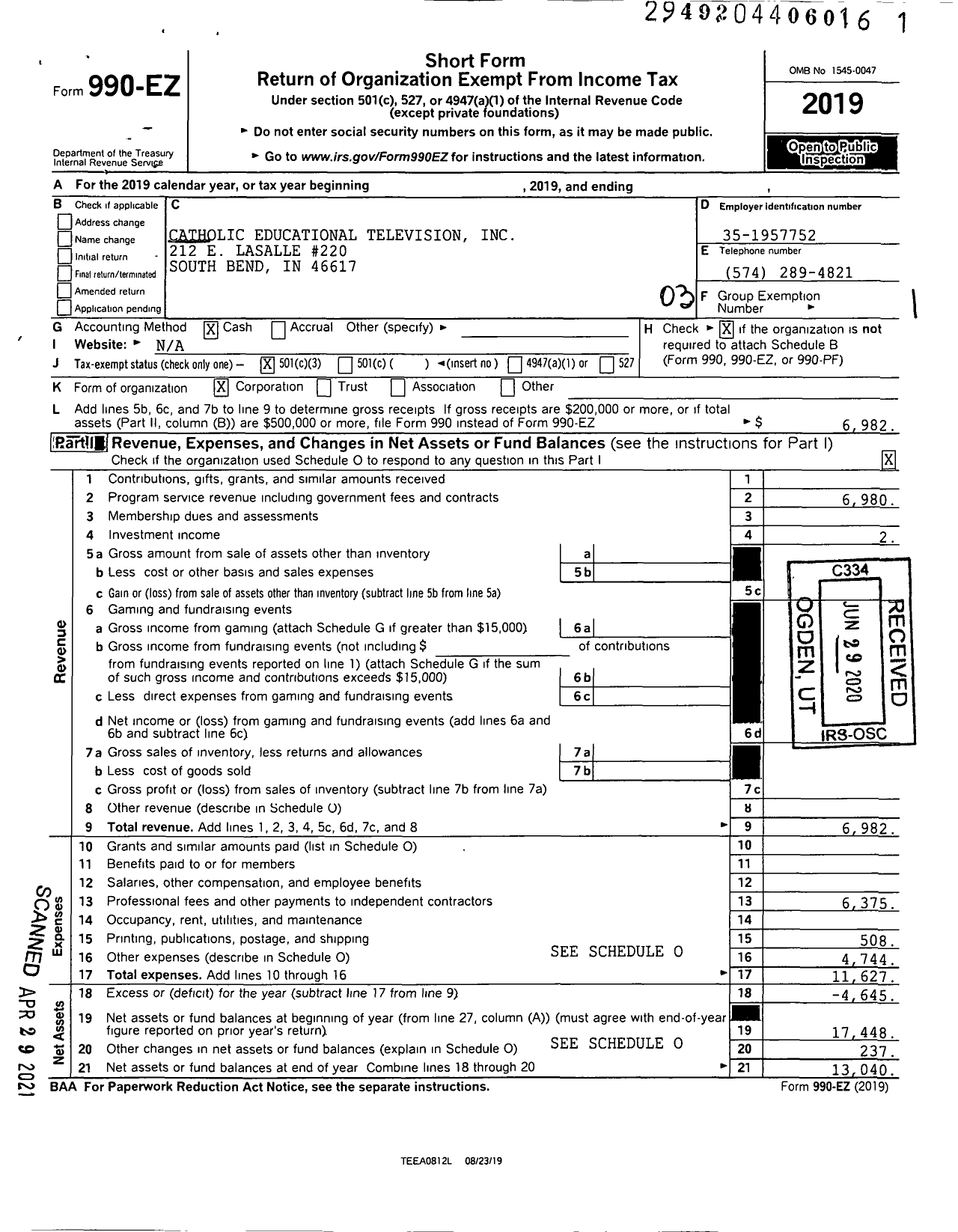 Image of first page of 2019 Form 990EZ for Catholic Educational Television