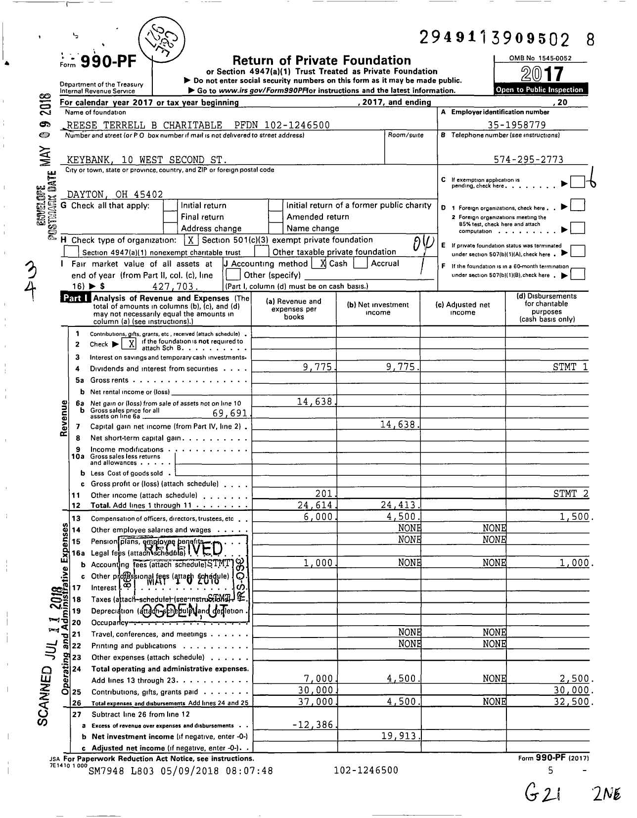 Image of first page of 2017 Form 990PF for Reese Terrell B Charitable PFDN
