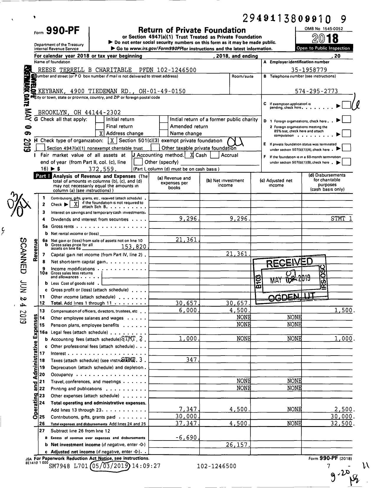 Image of first page of 2018 Form 990PF for Reese Terrell B Charitable PFDN