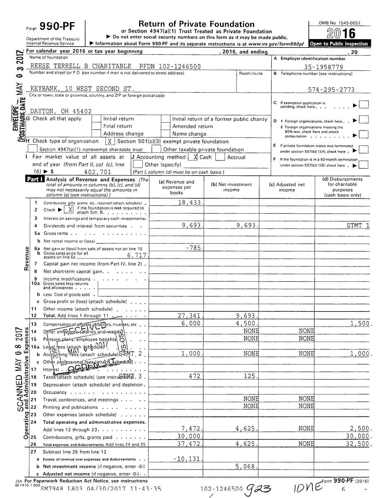 Image of first page of 2016 Form 990PF for Reese Terrell B Charitable PFDN