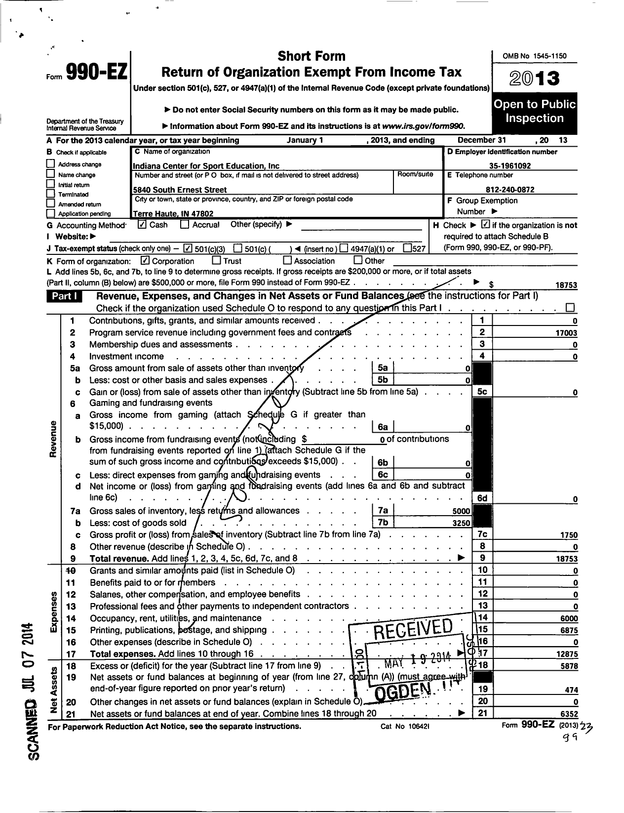 Image of first page of 2013 Form 990EZ for Indiana Center for Sport Education