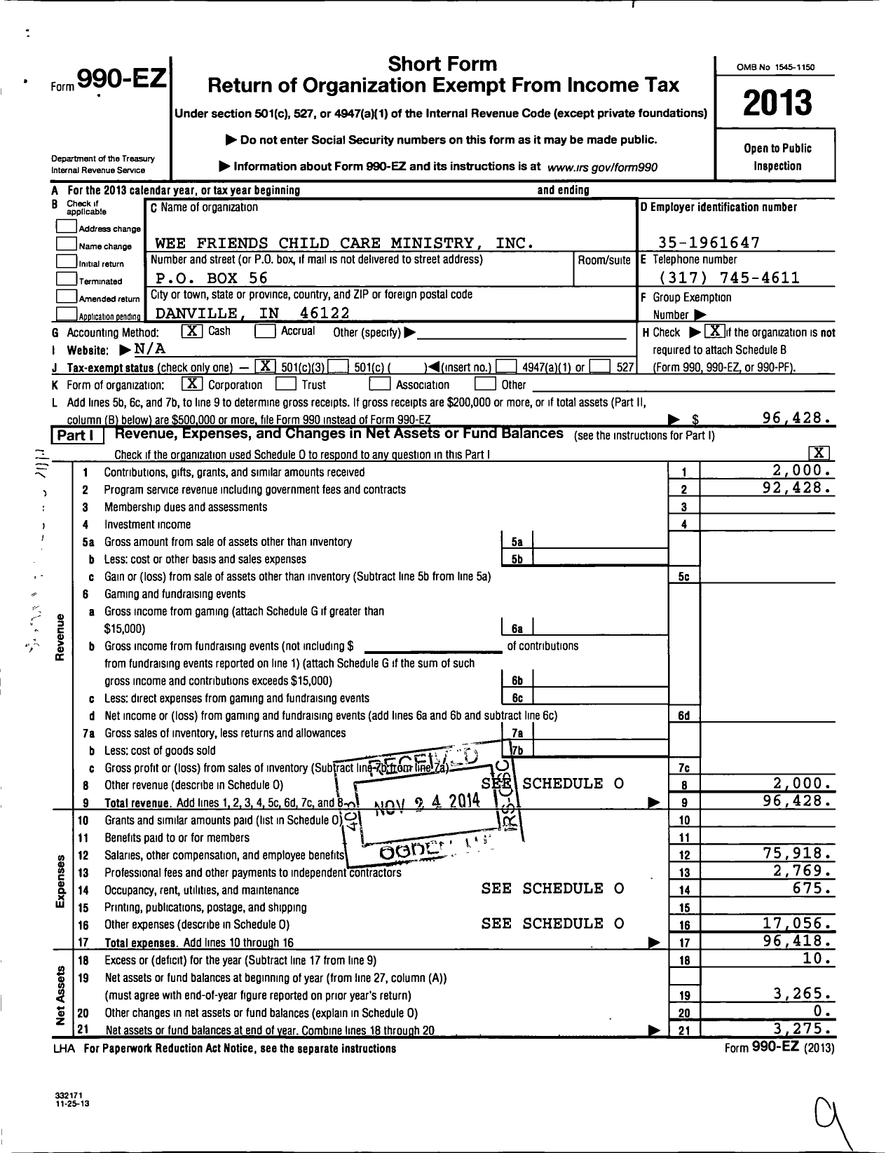 Image of first page of 2013 Form 990EZ for Wee Friends Child Care Ministry