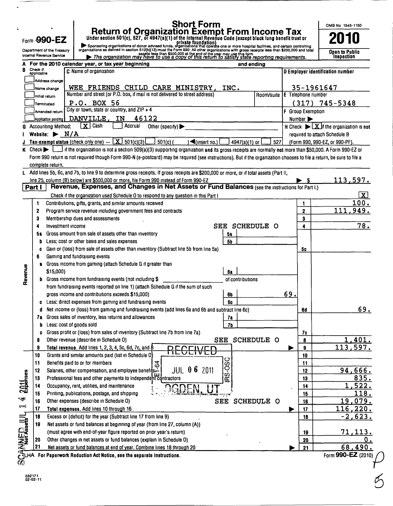 Image of first page of 2010 Form 990EZ for Wee Friends Child Care Ministry