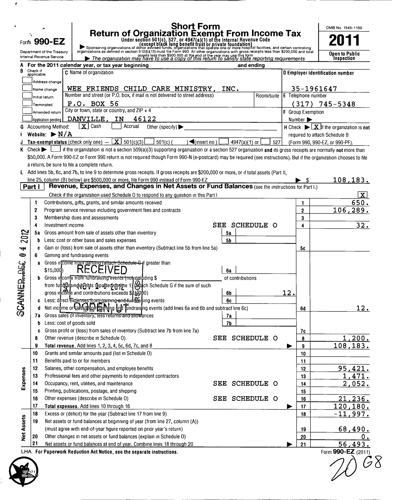 Image of first page of 2011 Form 990EZ for Wee Friends Child Care Ministry