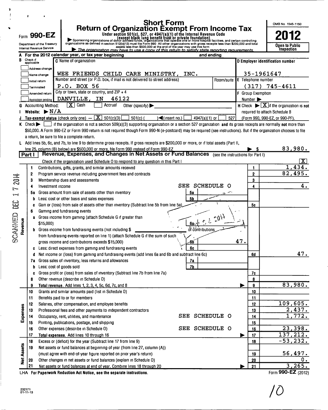 Image of first page of 2012 Form 990EZ for Wee Friends Child Care Ministry