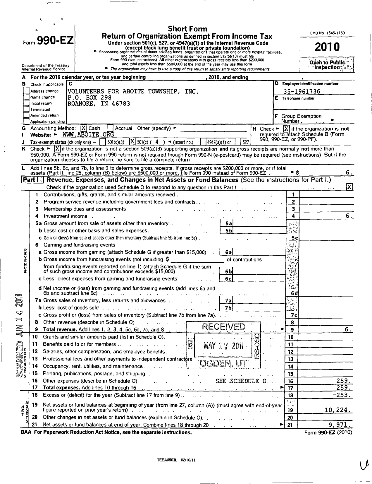 Image of first page of 2010 Form 990EO for Volunteers for Aboite Township