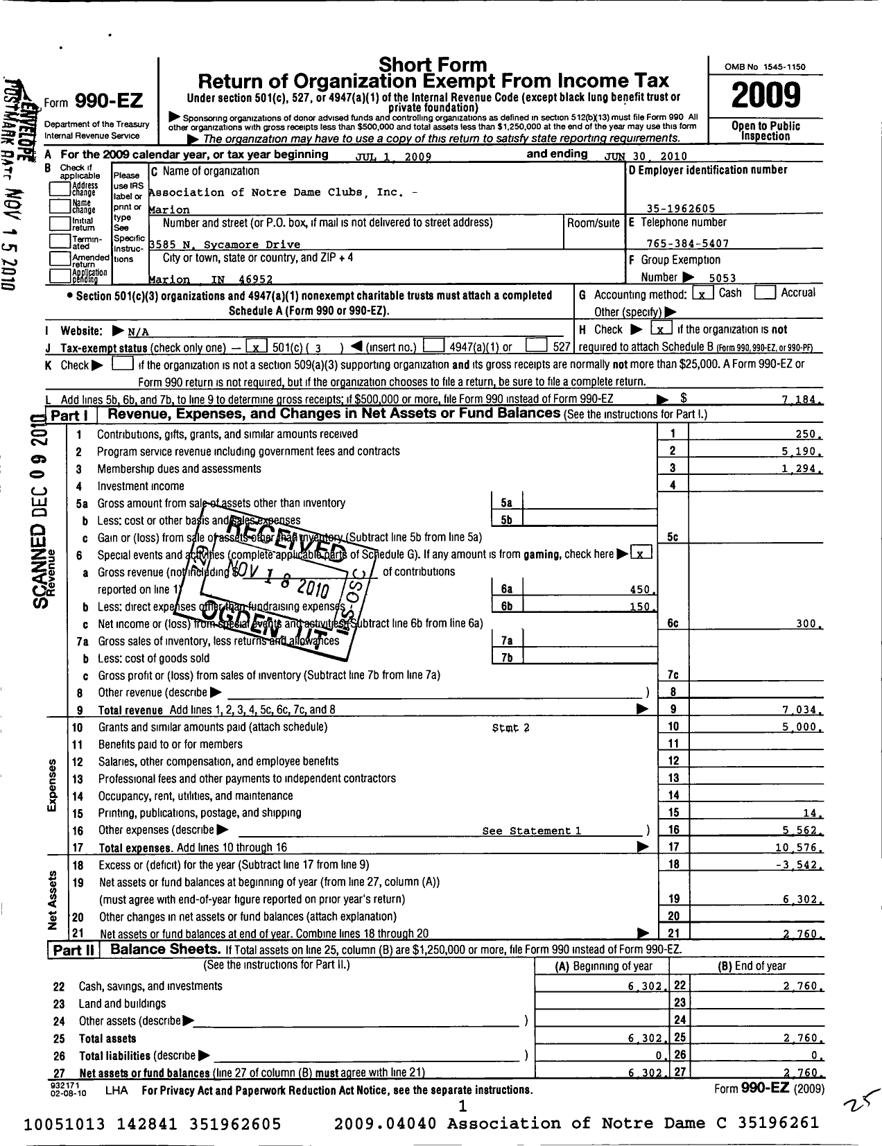 Image of first page of 2009 Form 990EZ for Association of Notre Dame Clubs Inc - Marion