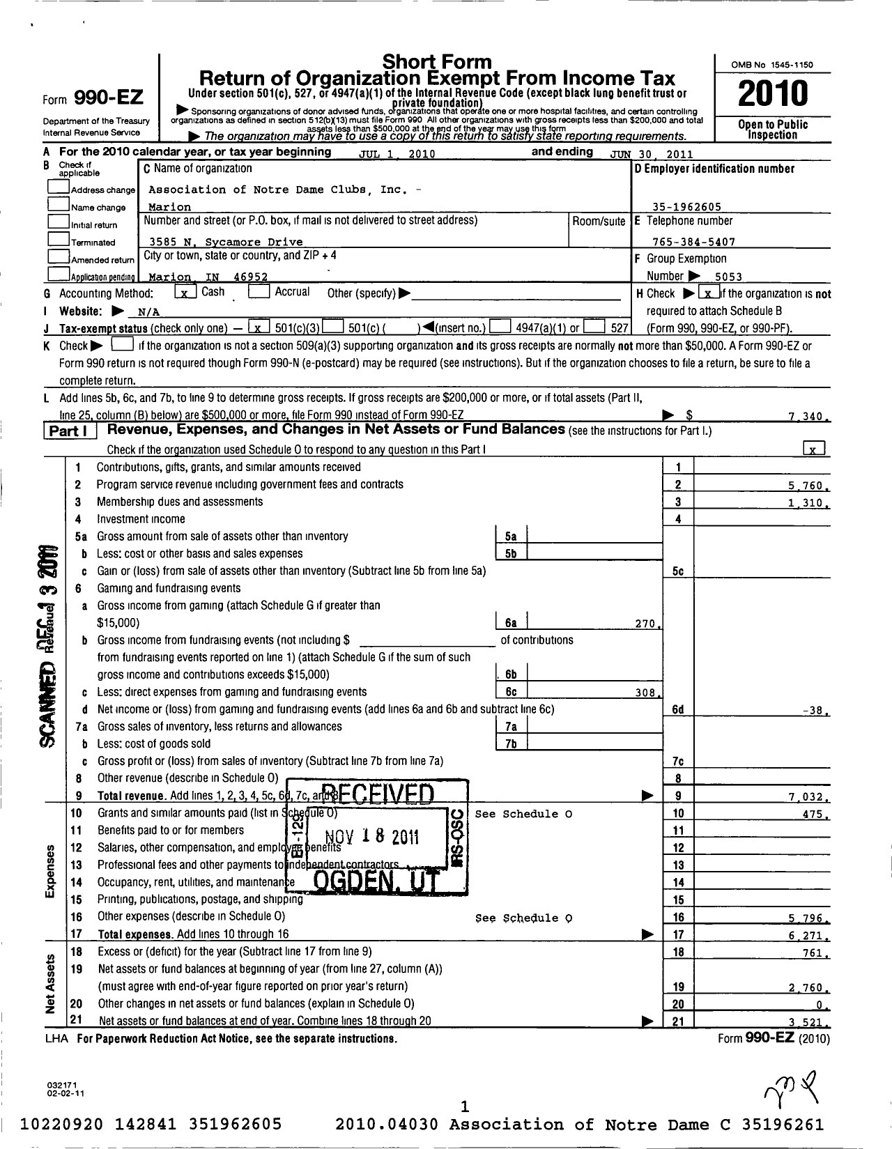 Image of first page of 2010 Form 990EZ for Association of Notre Dame Clubs Inc - Marion