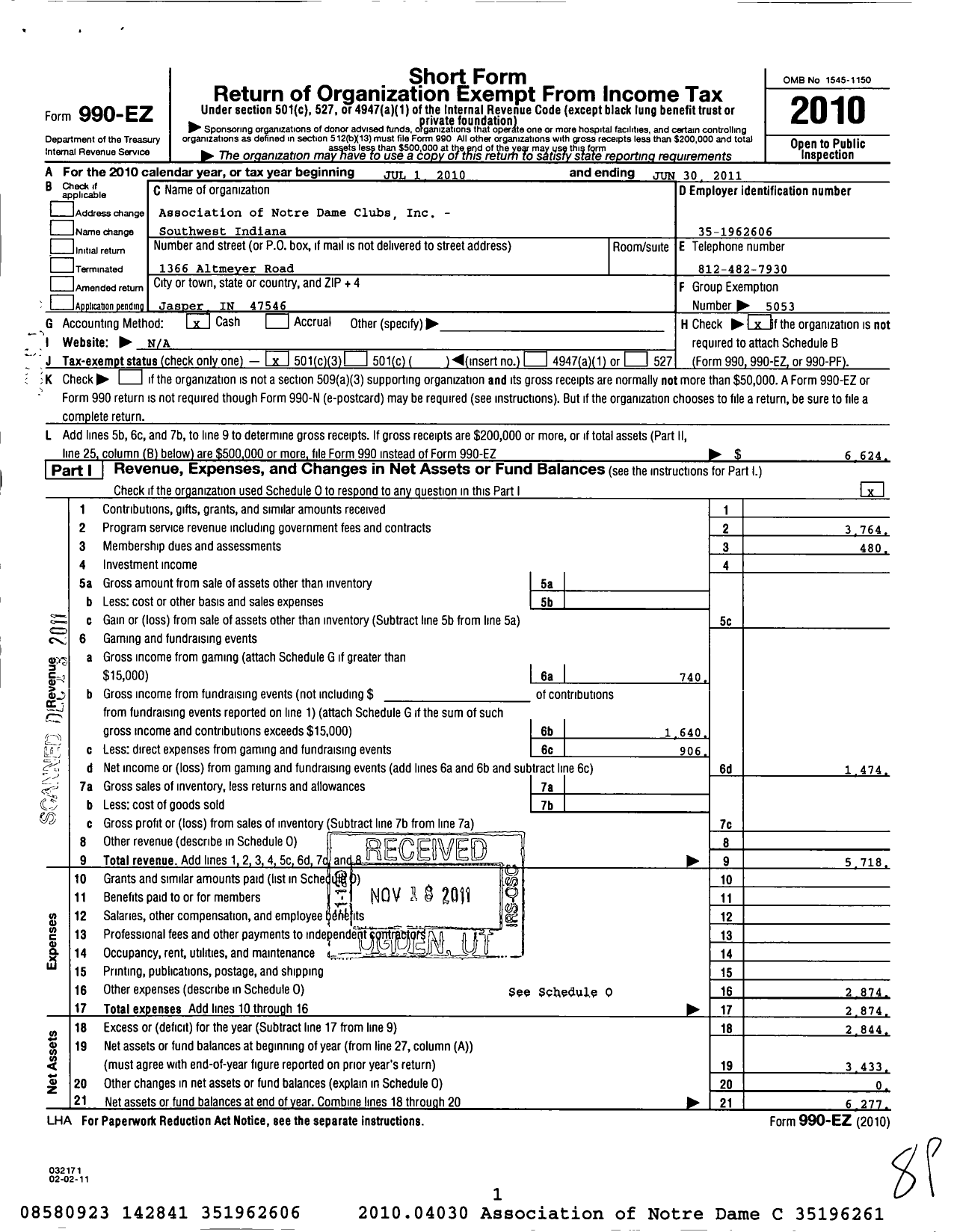 Image of first page of 2010 Form 990EZ for Association of Notre Dame Clubs Inc - Southwest Indiana