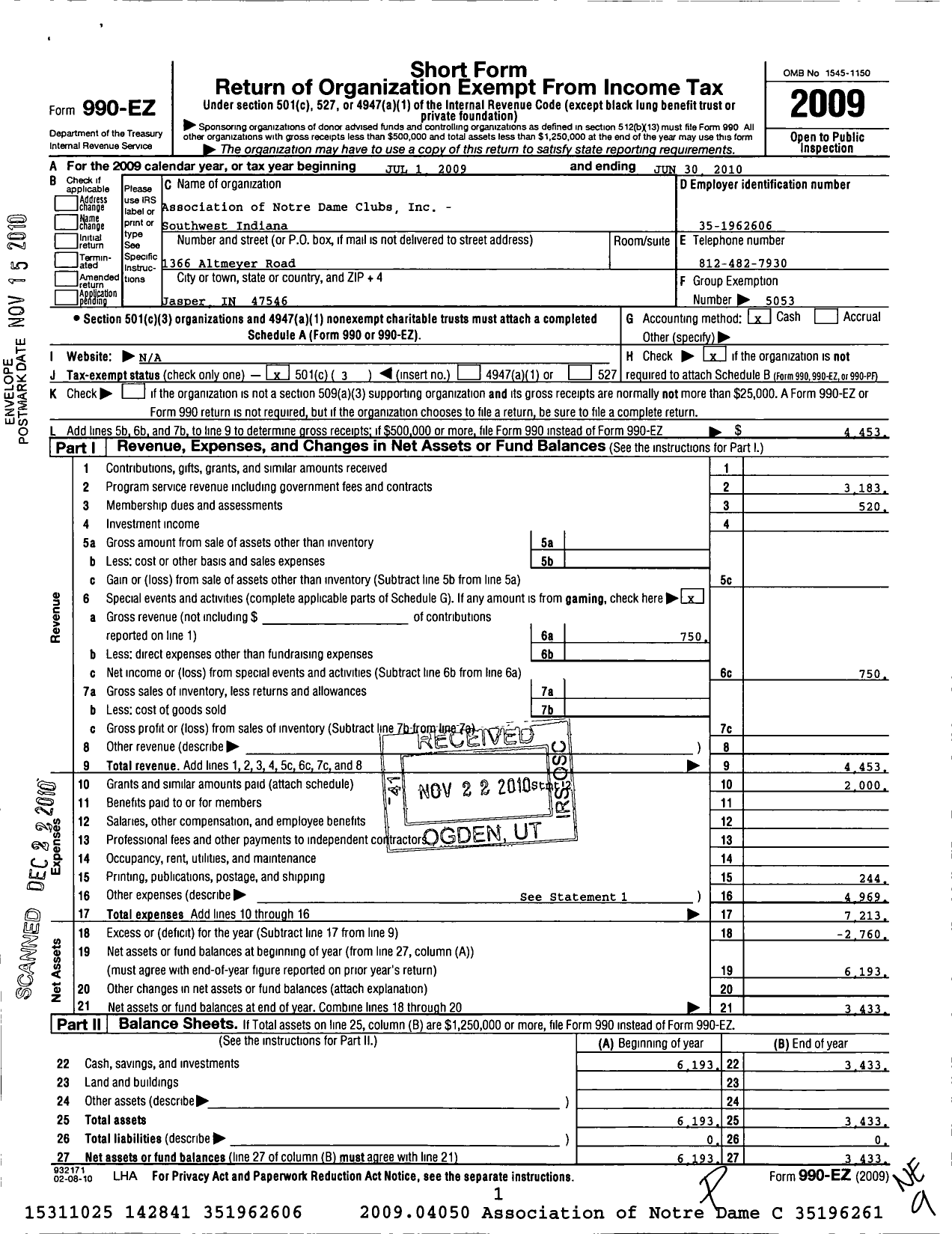 Image of first page of 2009 Form 990EZ for Association of Notre Dame Clubs Inc - Southwest Indiana