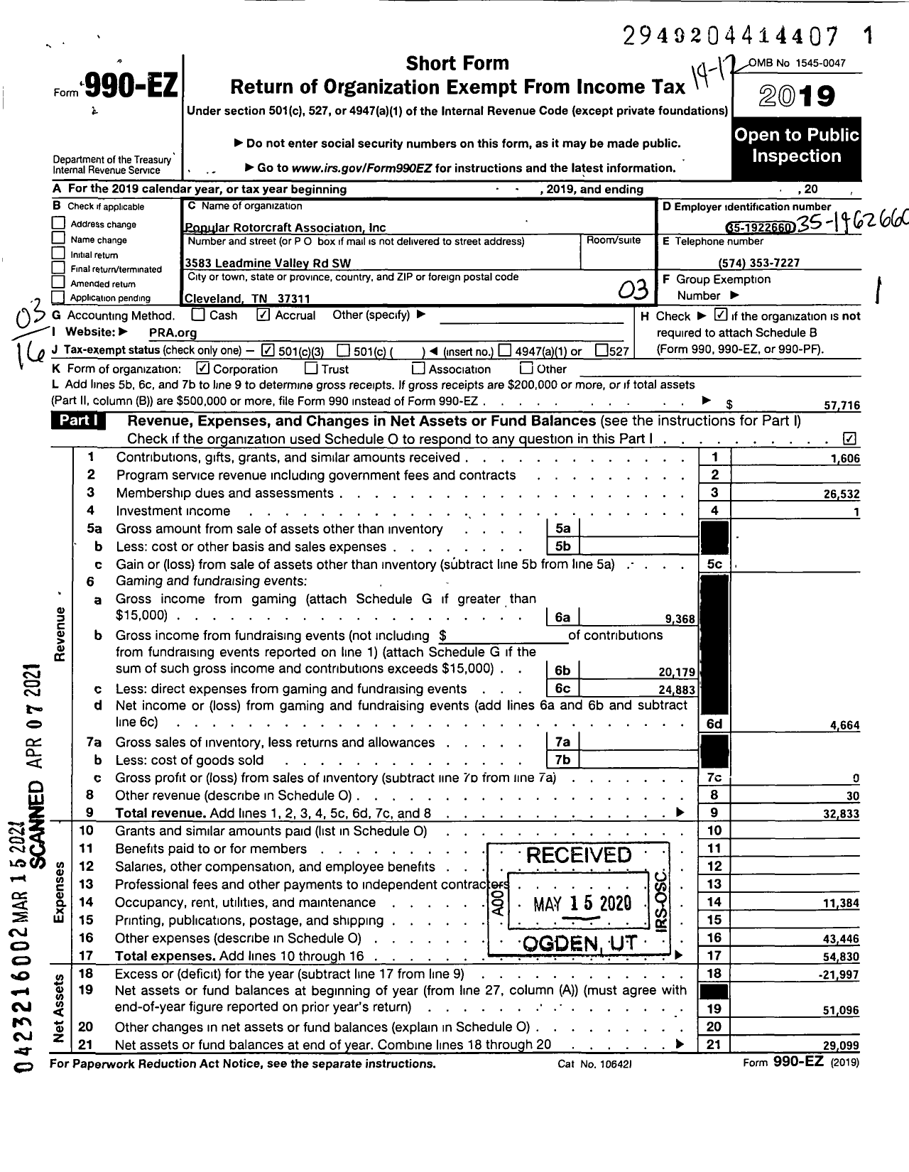 Image of first page of 2019 Form 990EZ for Popular Rotorcraft Association