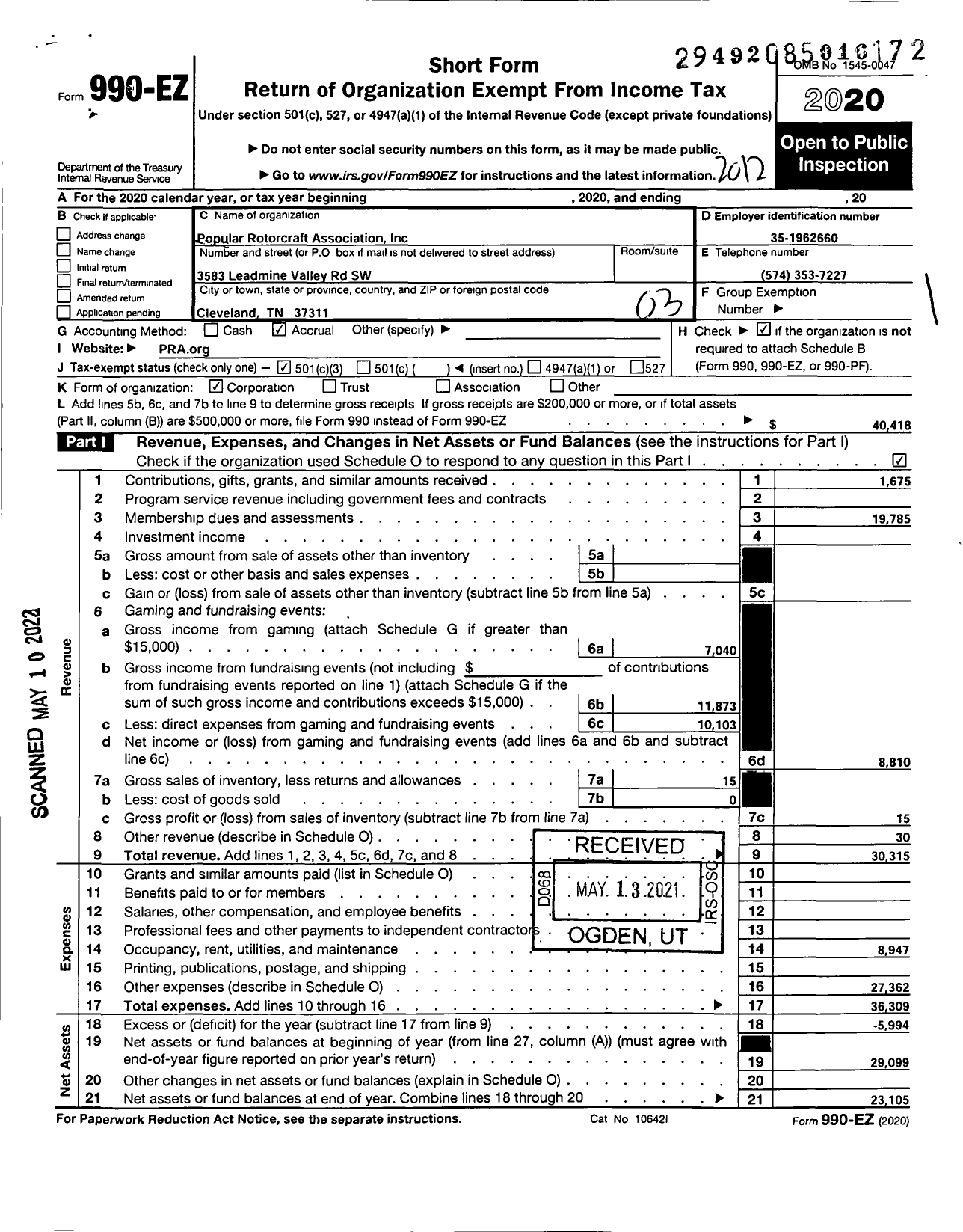 Image of first page of 2020 Form 990EZ for Popular Rotorcraft Association