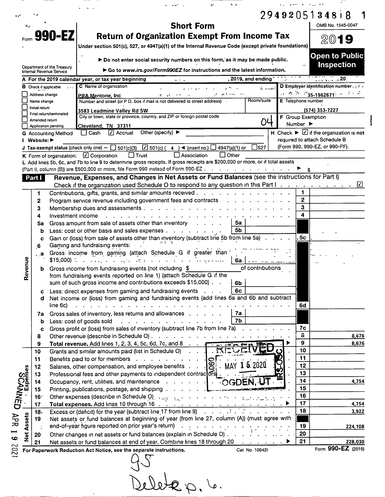 Image of first page of 2019 Form 990EO for Pra Mentone