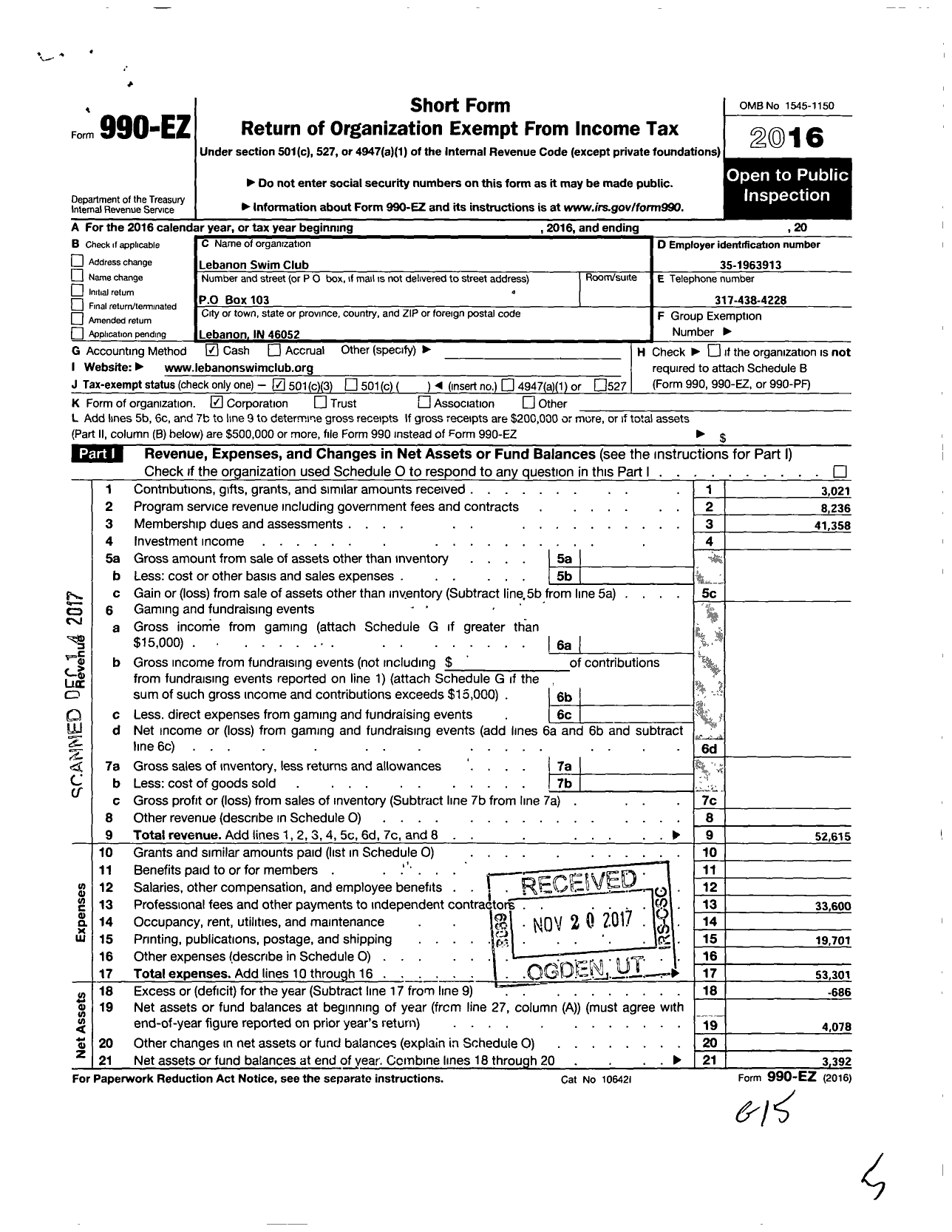 Image of first page of 2016 Form 990EZ for Lebanon Swim Club