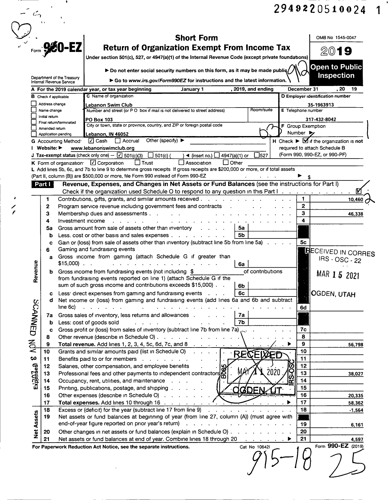 Image of first page of 2019 Form 990EZ for Lebanon Swim Club