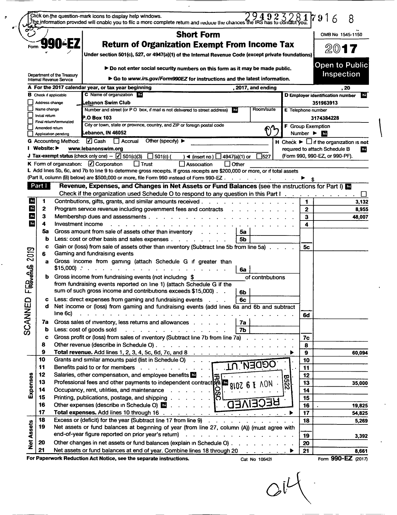 Image of first page of 2017 Form 990EZ for Lebanon Swim Club