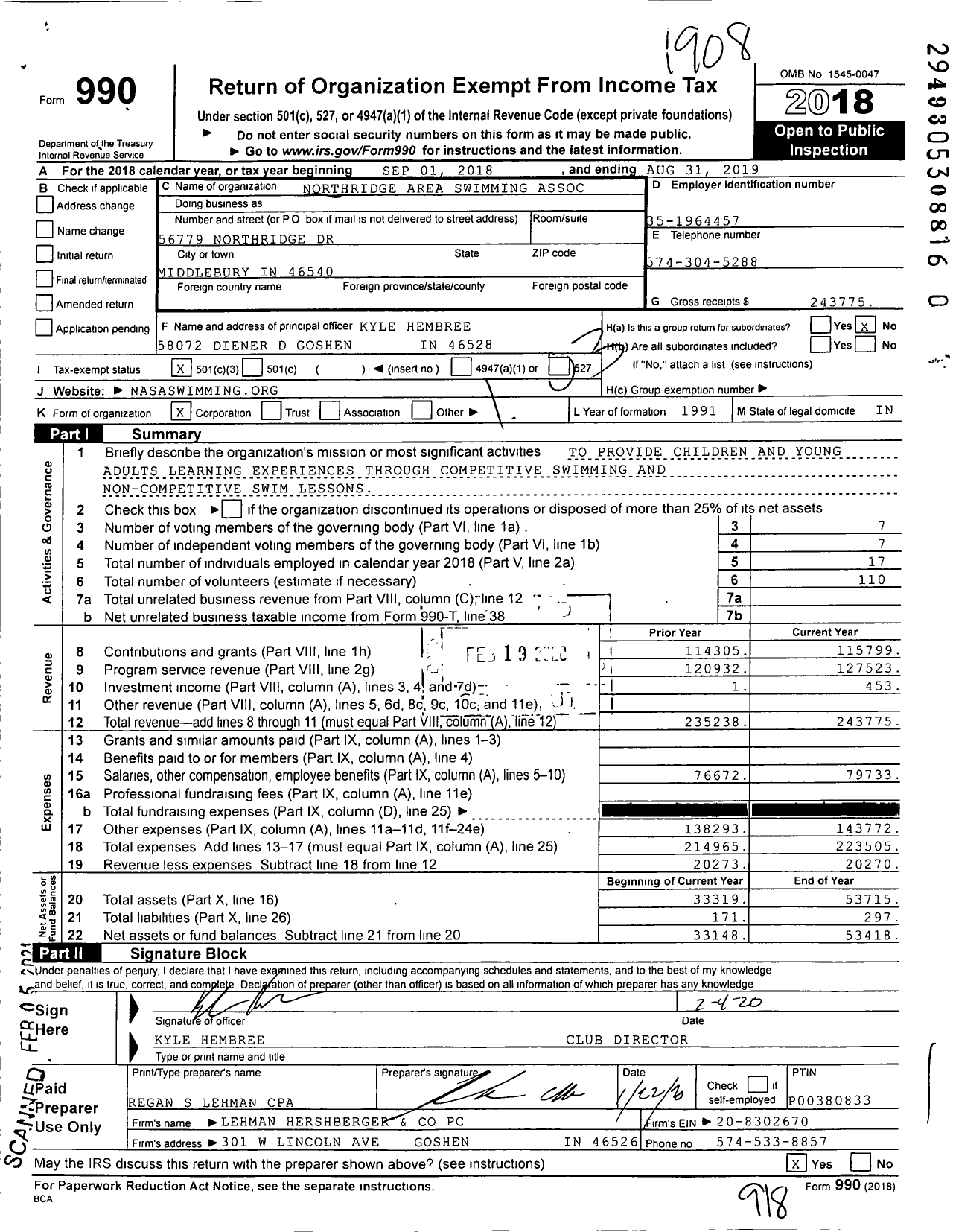 Image of first page of 2018 Form 990 for Northridge Area Swimming Association