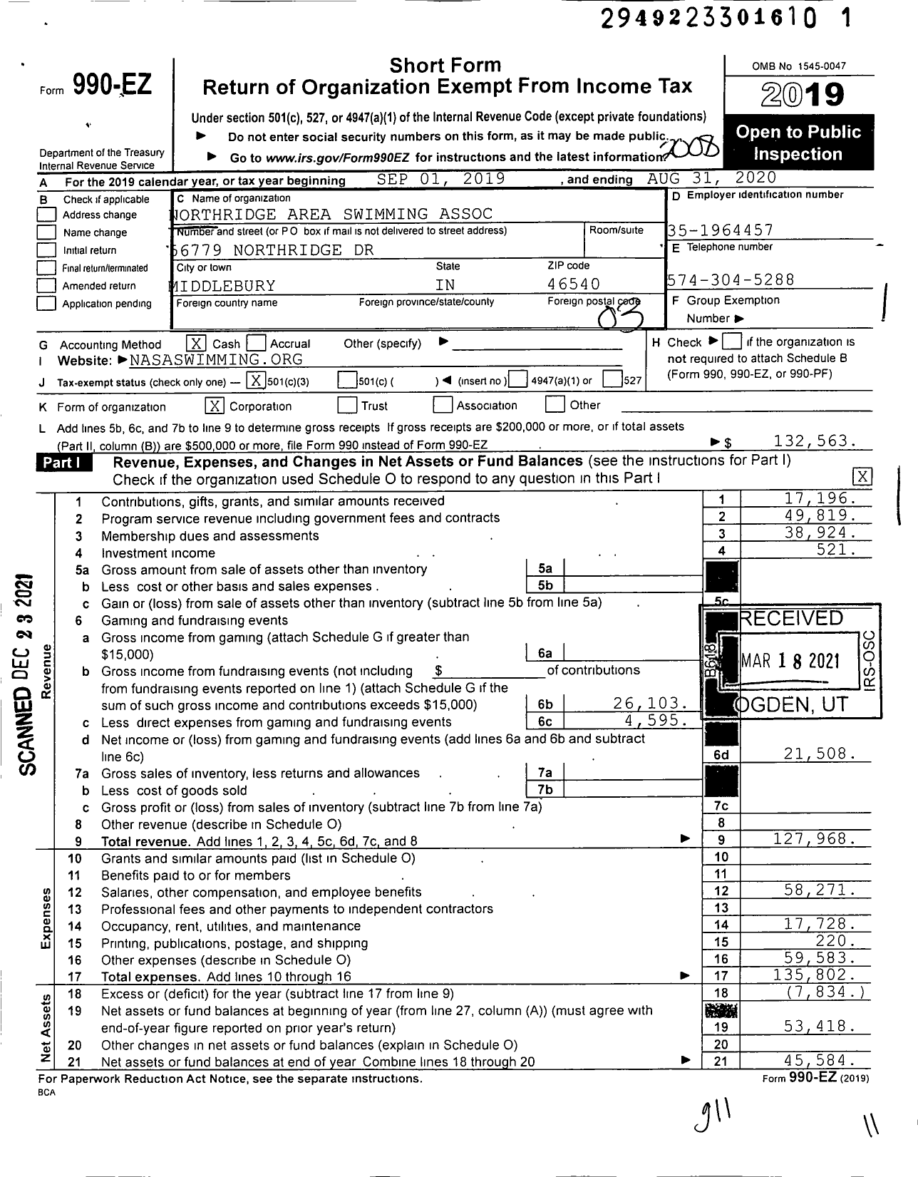 Image of first page of 2019 Form 990EZ for Northridge Area Swimming Association