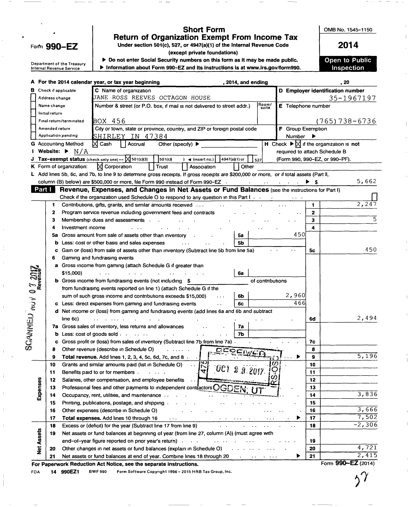 Image of first page of 2014 Form 990EZ for Jane Ross Reeves Octagon House Foundation